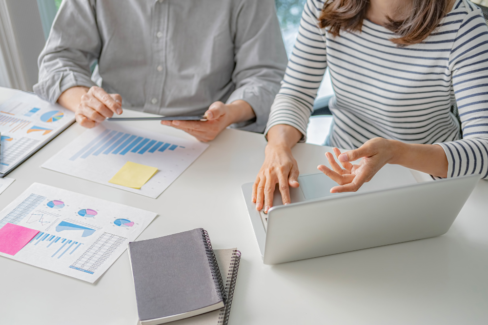 Two employees gathering data on laptop.