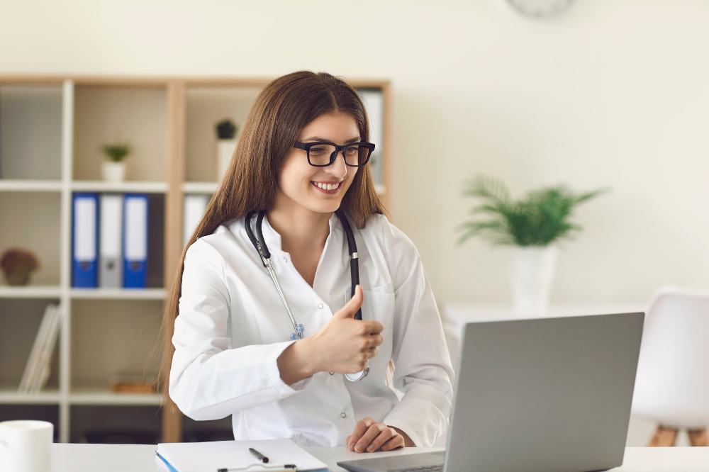 Online doctor appointment via laptop.